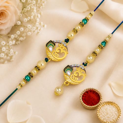 Image of Riddhika Ventures Glorious Gold Plated Religious Diamond Ring Rakhi || Traditional Rakhi Set of 2 & Festive Gift || Rakhi Gift Combo for Bhaiya Bhabhi