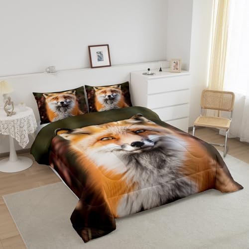 Image of Feelyou Fox Woodland Digital Comforter Set Queen Size Bedding | Adults Animal Nature Wildlife Realistic 3d Print Breathable Duvet Set Quilt Set Room Decor Warm Cozy Lightweight All Season