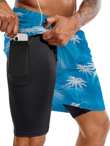 Mens Swim Trunks with Compression Liner 7" Board Shorts 2 in 1 Quick Dry Bathing Suits with Pockets2