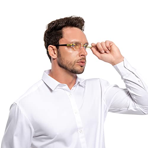 HIGHLIKE Rimless Reading Glasses, Spring Hinge Readers, Diamond Cut Edge Design Blue Light Glasses, Golden 1.0 x