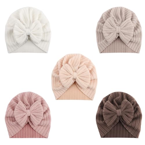 Image of DRESHOW BQUBO 5 Pieces Newborn Baby Turban Hats Bow Baby Infant Beanie Breathable Toddler Cap for Baby Girls