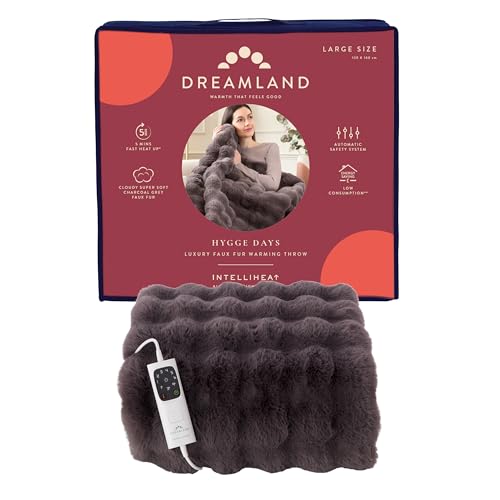 Dreamland Hygge Days Electric Blanket – Heated throw – Grey Cloudy Supersoft Faux Fur, Fast 5 minute heat up, 6 temperature settings, 1/3/9 hour timer, Electric throw, Machine Washable, 160x120cm
