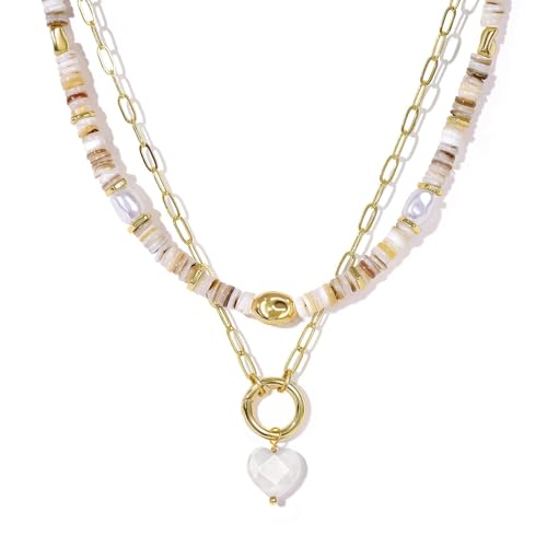 KissYan Beaded Necklaces for Women, 14K Gold Plated Layered Paperclip Choker with Heart Pendant for Summer, Colorful Natural Gemstone Boho Handmade Beach Jewelry Gifts