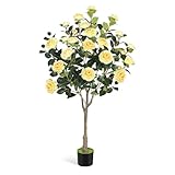 47” Artificial Camellia Tree with Blooming Yellow Flowers, Artificial Tree for Indoor Outdoor, Faux Camellia Tree for Modern Home Office Floor Porch Decor, Free Maintenance