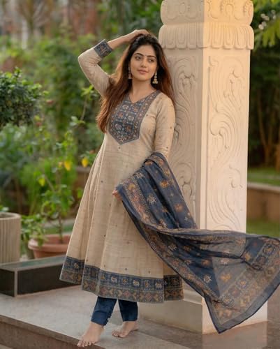 Image of ANNI Designer Kurta Sets for Women Viscose Printed | Kurta Pant Dupatta Set | A-Line Kurti Set for Women | Round Neck 3 /4 Sleeve Ethnic Suit | Designer Indian Kurti Outfit with Pants