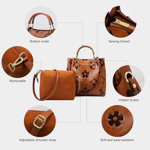 Women’s Floral Embossed Leather Handbag - Large Top Handle Shoulder Bag with Detachable Strap for Everyday2