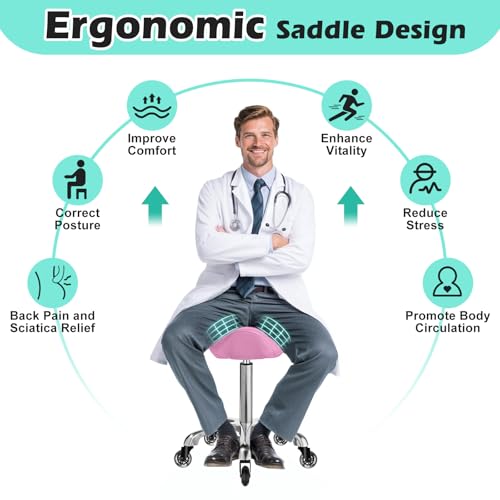 Image of Saddle Stool Chair with Wheels, Ergonomic Thicker Saddle Seat Design for Healthy Sitting Posture, PU Leather, Rolling Saddle Stool with Silent Rubber Wheels Adjustable for Salon Massage Home, Pink