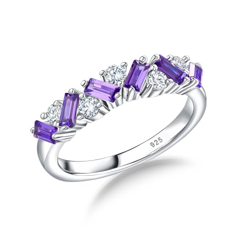DAYBYDAY Birthstone Rings for Women 925 Sterling Silver Emerald Cut Eterinty Band Ring Created Gemstone Moissanite Wedding Band Anniversary Ring Size 6-10
