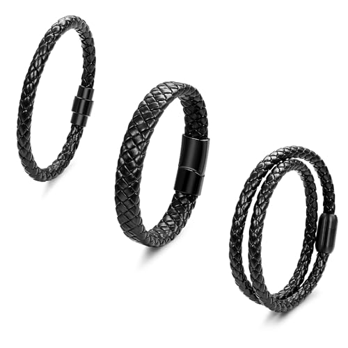 SOMEITIA 3Pcs Genuine Italian Braided Leather for Men Women Leather Wrist Cuff Bracelets Black Brown Stainless Steel Clasp Wrap Wristband Black 8.5 Inch