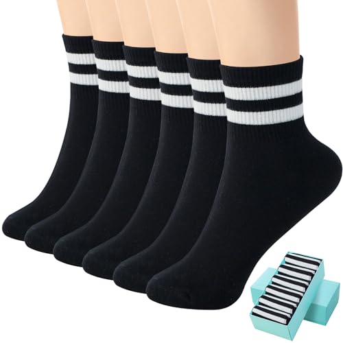 Image of SISOSOCK Quarter Crew Cotton Socks for Women Striped Athletic Casual Breathable Socks 6 Pairs with Gifts Box