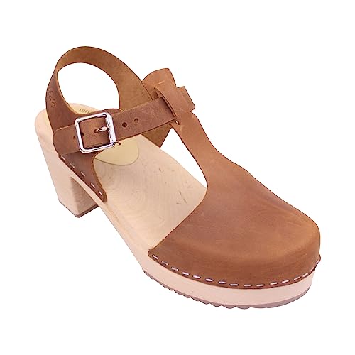Lotta From Stockholm Swedish Classic Clogs - Highwood T-Bar Brown Oiled Nubuck Leather Clogs for Women | Supportive & Comfy Shoes with Wooden Sole| Handcrafted in Sweden -38