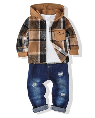 Renotemy 3PCS Toddler Boy Clothes Winter Fall Outfits Flannel Plaid Hoodie Sweatshirt White T-Shirt Jeans Sets for 2-7Y Boys