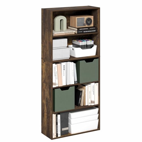 Image of Furinno Jaya Book Shelf, 5-Tier Bookshelf, 52 Inch Tall Standing Bookcase with Adjustable Shelf, 9.5 x 23.6 x 52.6, for Home Office, Bedroom, Living Room, Amber Pine