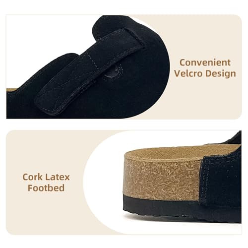 Image of Kids Suede Clogs Boys Girls Sandals Leather Mules Cork Footbed Slippers with Arch Support Comfort Slip On Slippers Classic Adjustable