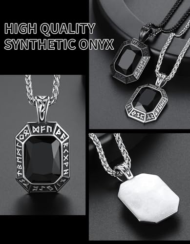 Image of ChainsHouse Viking Rune Pendant Necklace for Men Women, Punk Biker Black Metal /316L Stainless Steel Onyx Norse Vintage Amulet Necklaces with Black /Red /Green /Blue Gemstone, Send Gift Box