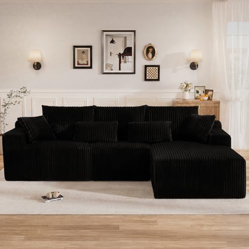 Image of 110 inch L Shaped Cloud Boneless Sectional Couches for Living Room, Modern Comfy Modular Deep Seat Memory Foam Compressed Corduroy Sofa Oversized Right Facing Chaise, No Assembly Required, Balck
