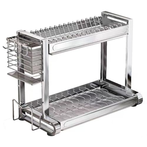 Eurobuy Escurridor plateado de dos niveles con tabla de drenaje integrada, práctico sistema de secado de encimera de cocina para platos y herramientas de cocina