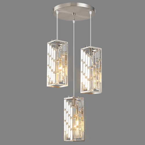 Image of Brushed Nickel Pendant Lighting Modern Pendant Light, Mini Crystal Chandeliers,Adjustable Pendant Light Fixture for Kitchen Island Dinning Room Bedroom (3 Light)