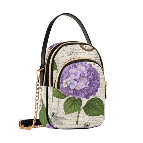 Purple Hydrangea Flower Leaves Single Shoulder Purse Women Quilted Phone Purse Chain Strap Handbag Cute Zipper Lady Crossbody Bag2