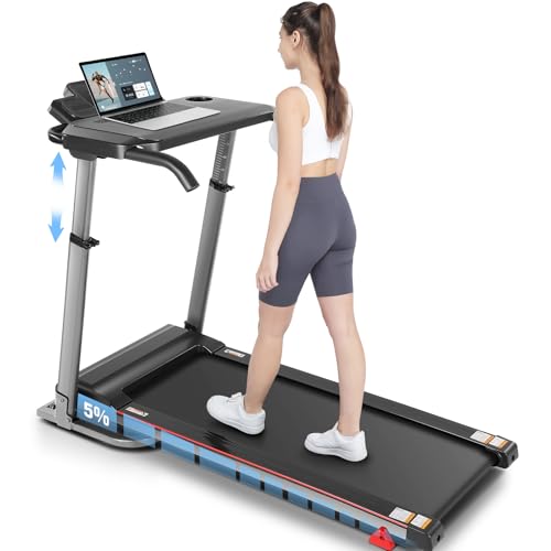 Image of Treadmill with Incline, Folding Treadmill with Desk Workstation & Adjustable Height Pulse Sensor, 2.5 HP Quiet Brushless, 7.5 MPH, 300 LBS Capacity, Perfect Treadmills for Home /Office /Gym Use Gray