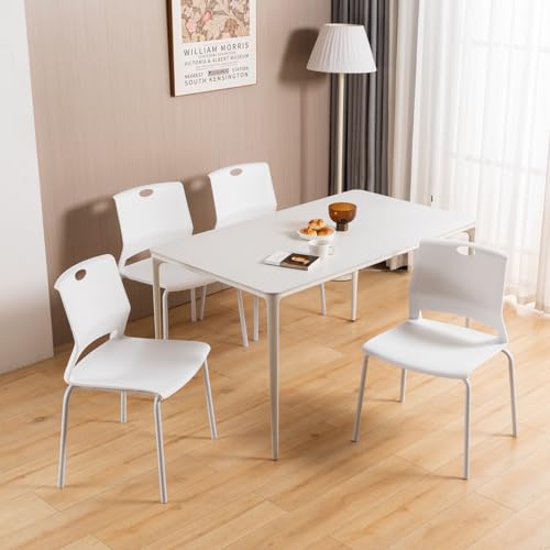 Image of White Stackable Chairs Set of 4, Modern Office Guest Chair Wide Seat, Stackable Dining Chairs, Plastic Chair for Conference Room, Living Room, Waiting Area, Classroom.