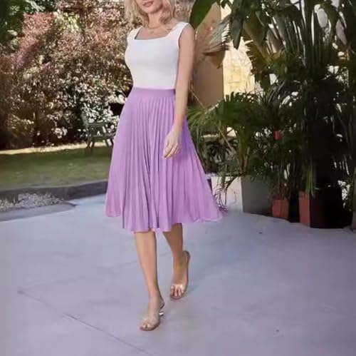 Women’s Midi Pleated Chiffon Skirts Casual Elastic High Waist Flowy Swing Knee Length A Line Skirt2