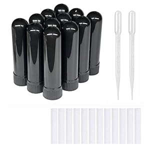 Essential Oil Aromatherapy Blank Nasal Inhaler Tubes (Includes 12 inhalers+12 unscented Wicks+2 Plastic Droppers)-Black.