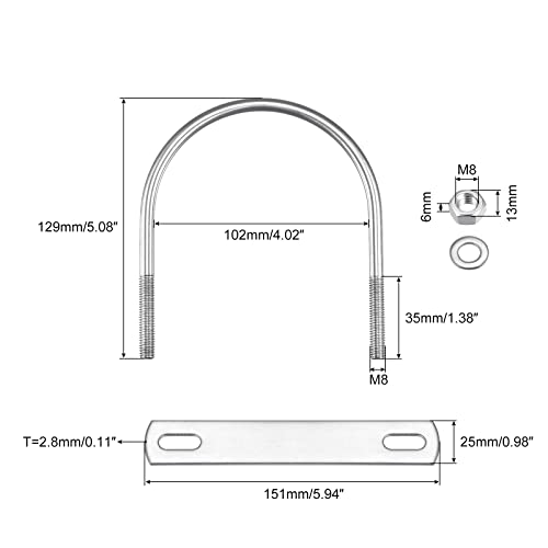 Image of uxcell Round U-Bolts, 102mm(4.02 inch) Inner Width 129mm Length M8 304 Stainless Steel U Clamp Bolt with Nuts Washers and Plates, for Boat Trailer