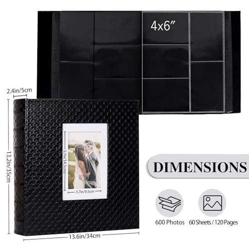 RECUTMS Photo Album for 4x6 Pictures 600 Pockets Black Inner Page Button Grain Leather Cover of Large Capacity Pictures Album Book Birthday Christmas Wedding Anniversary Memory (Black)