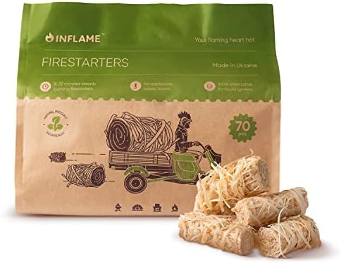 Inflame Fire Starters 70 pcs for Campfires, Grill, BBQ, Fireplace, Woodstove - Charcoal Starter - Waterproof, Weather-Resistant - Natural Wood Fireplace Starters