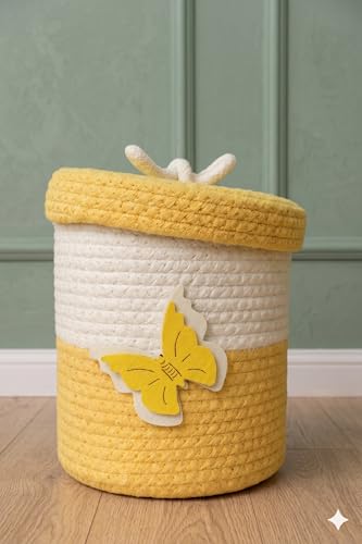 Image of Jute Basket For Storage Cotton Rope Toys Basket With Lid Handwoven Natural Foldable Laundry Hamper for Home, Office, Living Room Size 10x10 inch (yellow butterfly)
