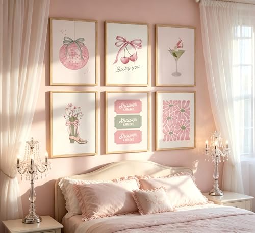 6psc Pink and Green Preppy Coquette Posters Wall Art, Coastal Disco Cowgirl Canvas Wall Decor,ute Coquette Bow Trendy Aesthetic Painting for Bedroom,Dorm,Bathroom,Home Decoration 12x16 in Unframed