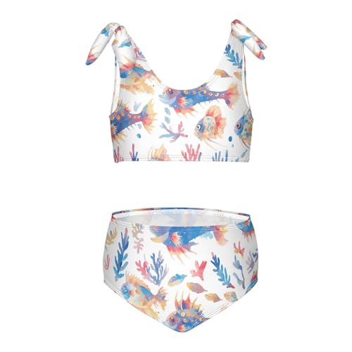 KLL Puffer Hawaiian Fish and Seaweed Girls' Two Pieces Bikini Set Scoop Neck Swimsuits Swimwear Adjustable Strap