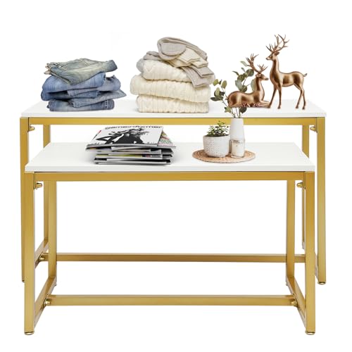 banborba 2 Piece Metal Shoe Handbag Display Stand, Modern Nesting Tables, Heavy Duty Display Riser Shelf for Retail Stores, Steel Pipe and Melamine Board, Gold