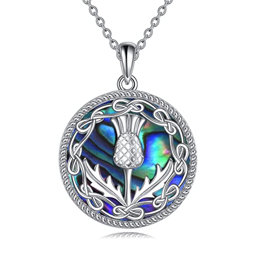 Scottish Thistle Necklace 925 Sterling Silver Abalone Shell Celtic Knot Scotland Flower Pendant Necklaces Love Jewelry Valentine's Day Gifts for Women