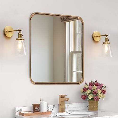 Image of PERMO Industrial Wall Sconce Single Brass Sconce with On Off Switch Funnel Flared Clear Glass Hand Blown Shade Hardwired (Antique Glod)
