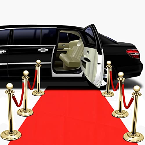 Red Carpet Runner 2.6 x 15 ft Carpet Aisle Runner Rug 55gsm Thickness with 4 Pieces Red Velvet Stanchion Rope Crowd Control Rope Barrier with Gold Color Plated Hooks, 5 Feet