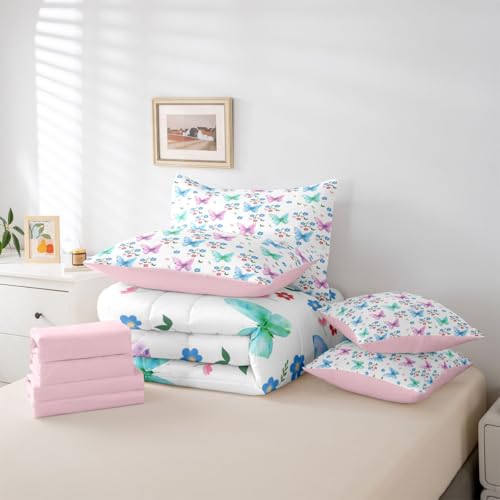 Image of Colorful Butterflies 7 Pieces Bedding Set Full Size,Blue Daisy Flower Bed in a Bag,Cottagecore Farmhouse Bed Set Includes Comforter,Sheet Set,Pillowcases & Pillow Covers,Flying Butterfly Bedroom Decor