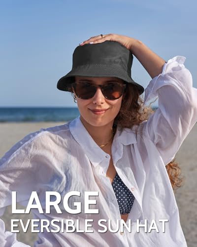 Image of XXL Oversize Bucket Hat Reversible, XL L M S Fisherman Sun Cap With Chin Strap, Travel Beach Outdoor Hat For Men Women