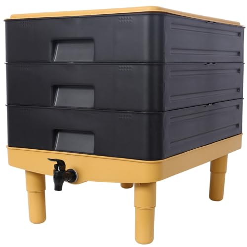 FRITHJILL High-Capacity 3-Tray Worm Farm Composter - 65L Indoor/Outdoor Vermicomposting System for Efficient Food Waste Recycling and Organic Gardening, Yellow+Black