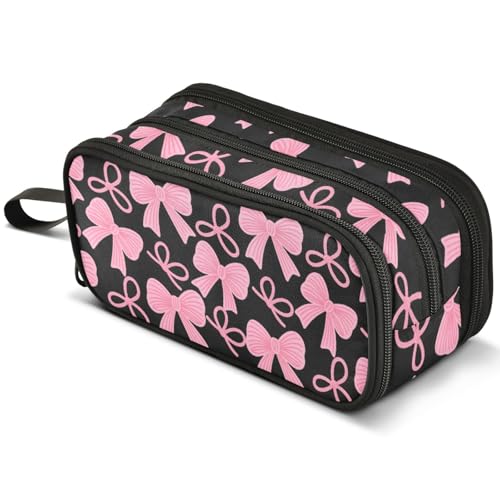 Image of ALAZA Pink Bow Black Pattern Large Pencil Case, Pen Pouch Pencil Bag with 3 Compartments Pen Holder Organizer Stationery Bag