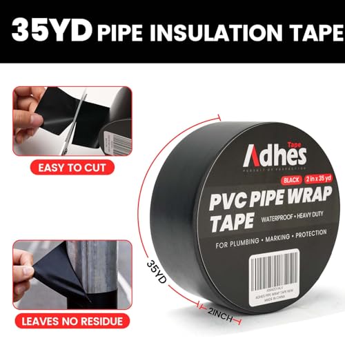 Image of ADHES PVC Pipe Wrap Tape, 2 Inch X 35 Yds, Corrosion Protection Pipe Tape, Weatherproof PVC Tape for Drain Pipe, Metal & Electrical Piping, Underground Pipe, Black