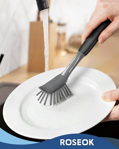 Image of ROSEOK Dish Brush, Dish Scrubber, Nylon Bristles with Built-in Scraper | For Cleaning Dishes, Pots, Non-Stick Pans and Sinks, Black, 2 Pack