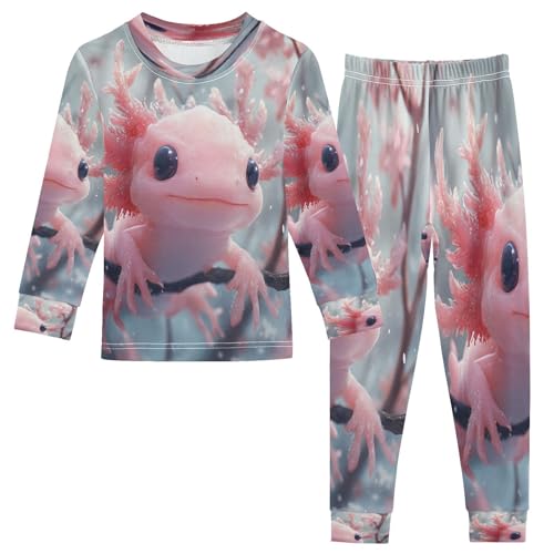 Pajama Sets Long Sleeve Pink Cute Axolotl Cherry Blossoms Soft Comfy Sleepwear 2 Piece PJS 3-8T