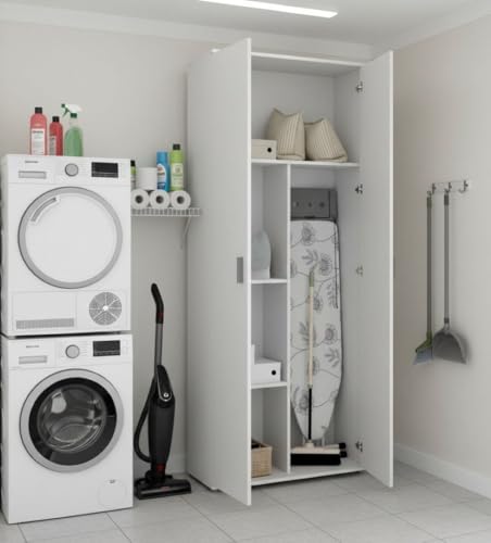 ARMADIO MULTIUSO 2 ANTE - Mobile multifunzione porta scope, Guardaroba porta scarpe, 78x35h190 cm, Bianco