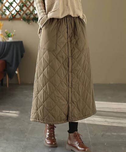 chouyatou Womens Winter Elastic Waist Padded A-Line Quilted Midi Long Puffer Insulated Skirt with Pocket3