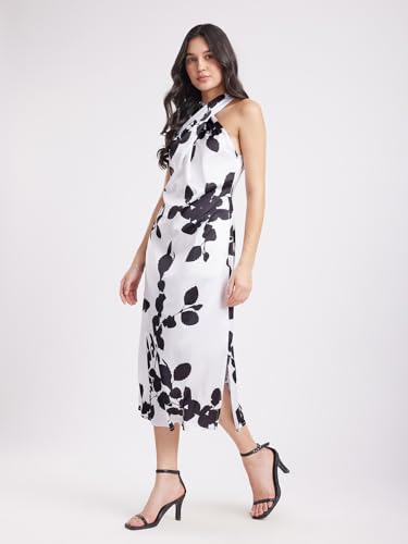 Image of FableStreet Women's Satin Floarl Print Halter Neck Dress | Perfect for Outings and Brunch