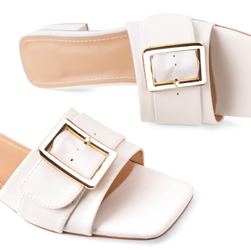 Image of Women's Slide Heeled Sandals Opened Square Toe Chunky Block Heel Slippers with Buckle Slip on Casual Comfortable Pumps