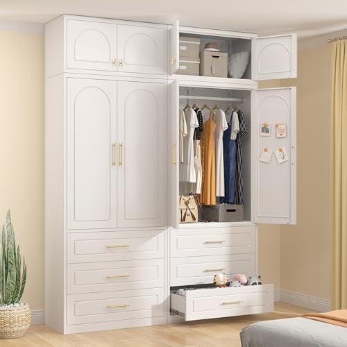 86" Wardrobe with Drawer, 71'' Armoire Wardrobe Closet with 15" Cabinet, Metal Clothes Storage Cabinet with Hanging Rod, for Bedroom School, Employee, Gym, Assembly Required, White White 86