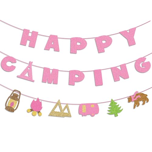 Happy Camper Birthday Party Banners for Girls Camping Birthday Party Decorations Happy Camper Banner Pink Camp Party Sign for Adventure Decor Camper Partys Supplies
